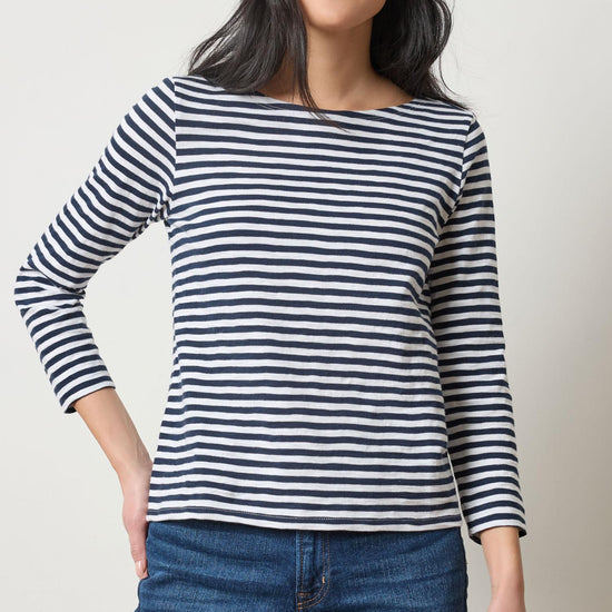 3/4 Sleeve Striped Boatneck in color Navy Stripe Image A4