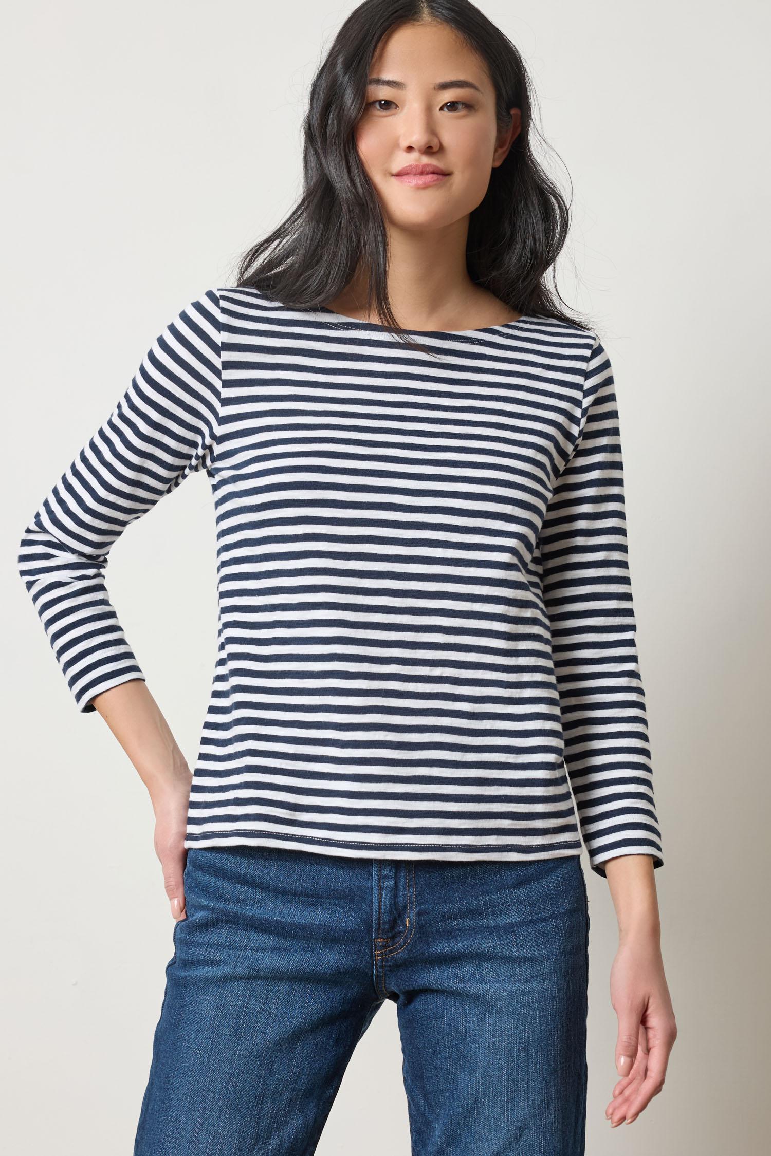 3/4 Sleeve Striped Boatneck in color Navy Stripe Image A4