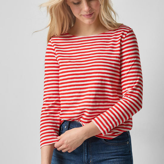 3/4 Sleeve Striped Boatneck in color Poppy Stripe Image A1