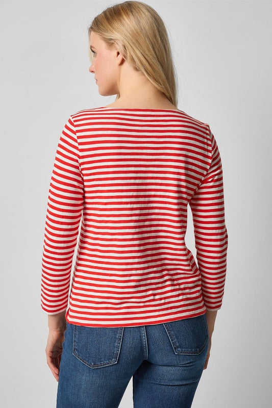 3/4 Sleeve Striped Boatneck in color Poppy Stripe Image A2