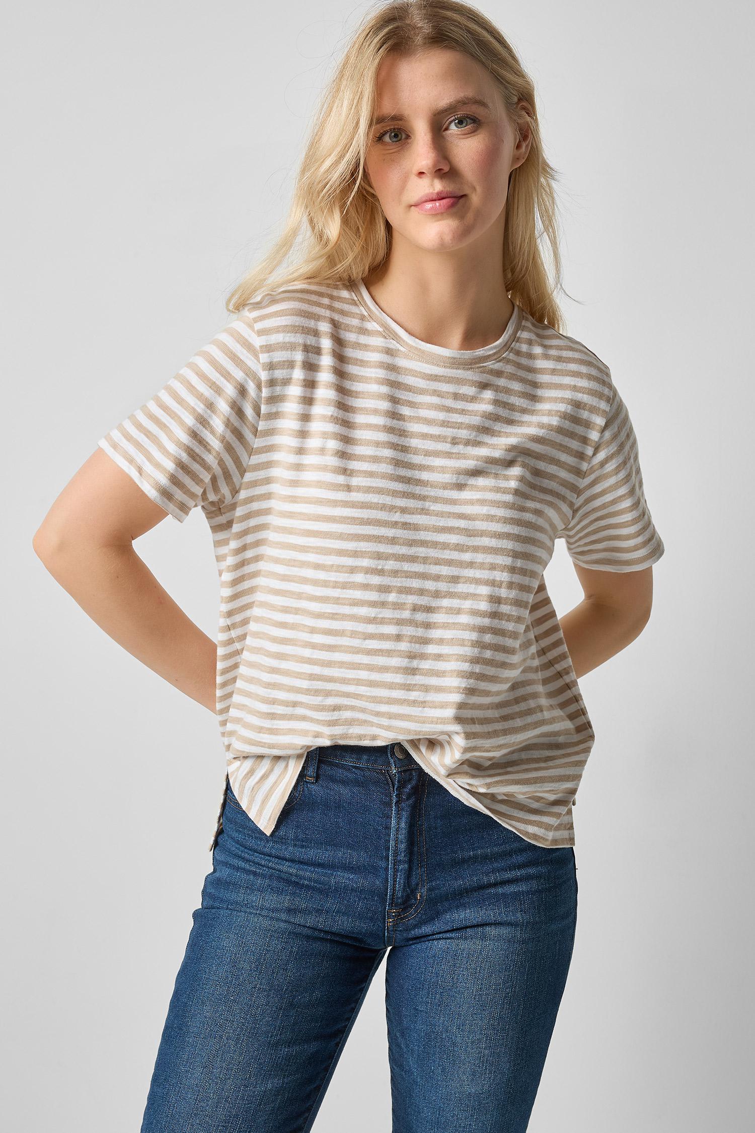 Striped Boyfriend Tee Womens Top Flax Stripe A1