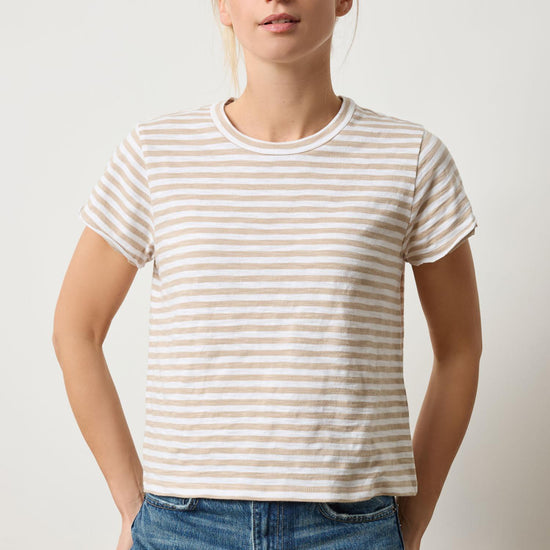 Striped Cap Sleeve Crewneck Womens Top Flax Stripe A1