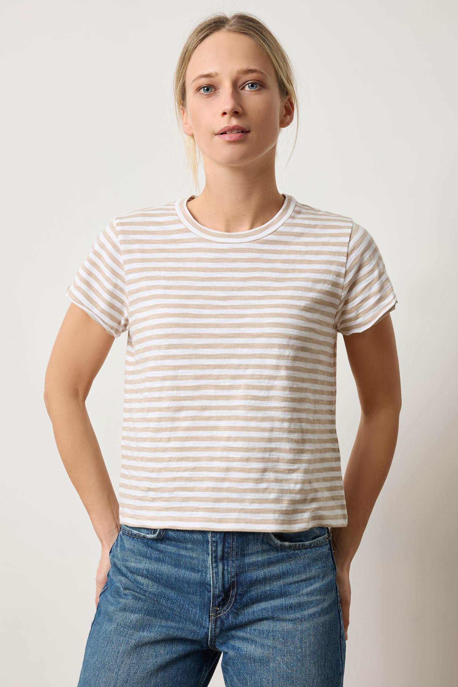 Striped Cap Sleeve Crewneck Womens Top Flax Stripe A1