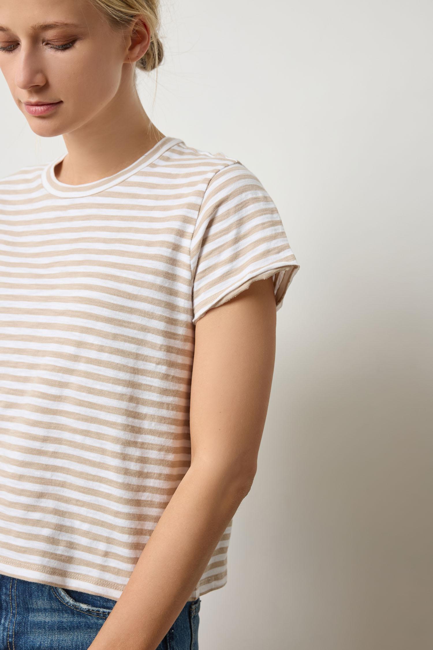 Striped Cap Sleeve Crewneck Womens Top Flax Stripe A3