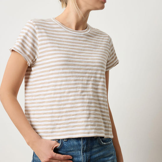 Striped Cap Sleeve Crewneck Womens Top Flax Stripe A4