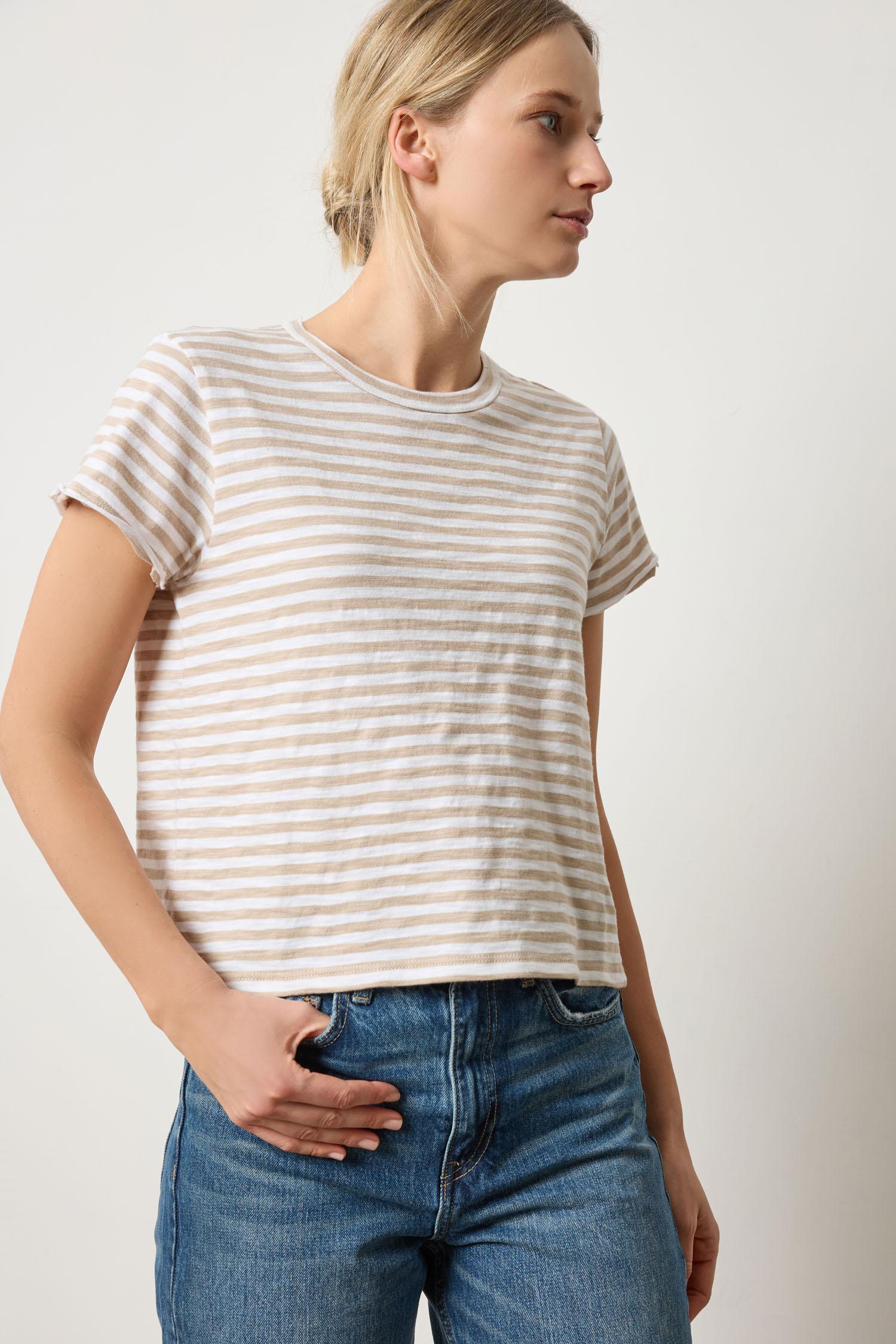 Striped Cap Sleeve Crewneck Womens Top Flax Stripe A4