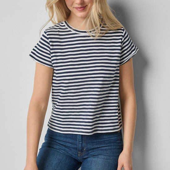 Striped Cap Sleeve Crewneck Womens Top Navy Stripe A1