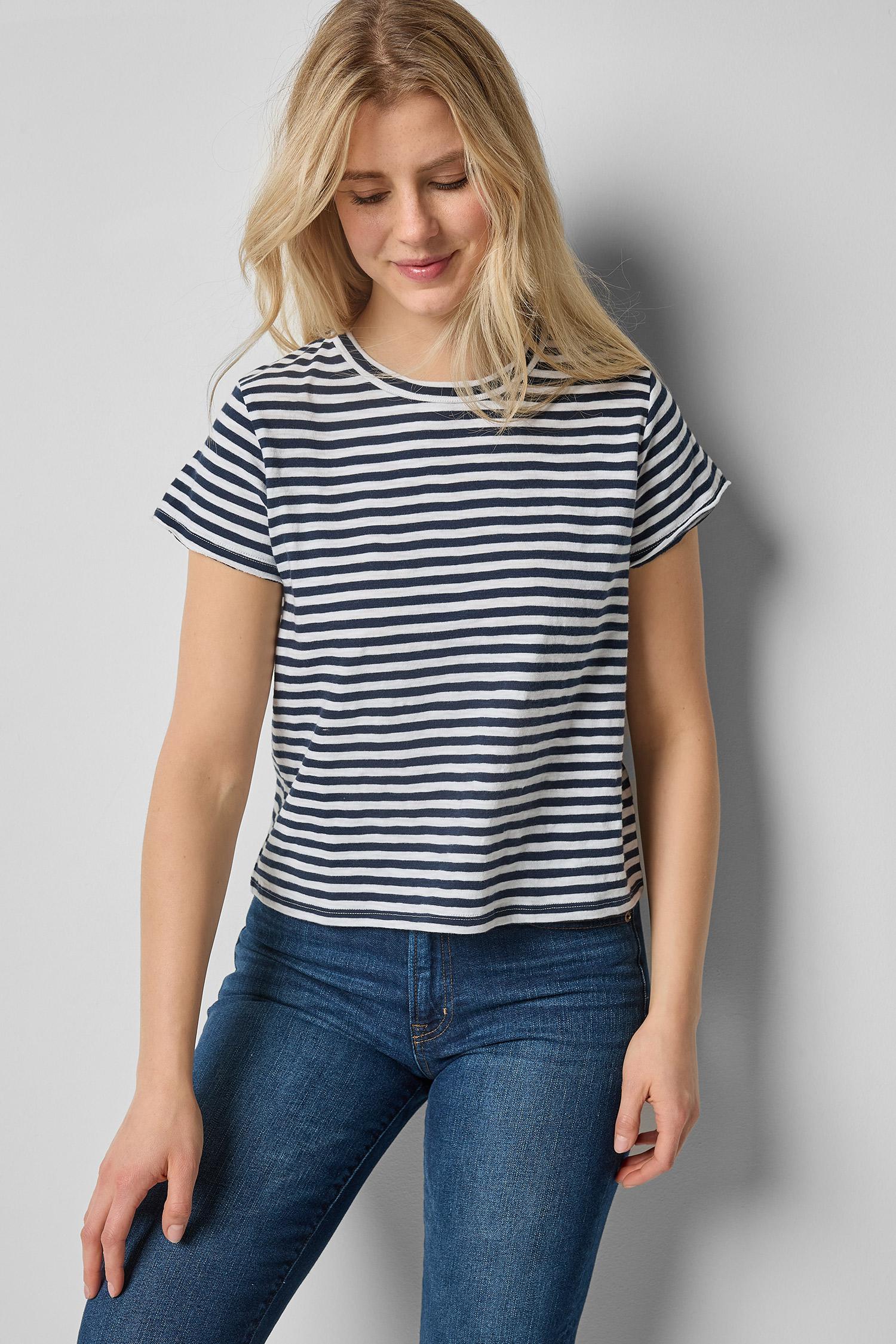 Striped Cap Sleeve Crewneck Womens Top Navy Stripe A1