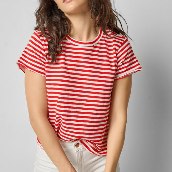 Striped Cap Sleeve Crewneck Womens Top Poppy Stripe A1