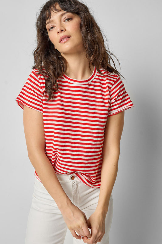Striped Cap Sleeve Crewneck Womens Top Poppy Stripe A1