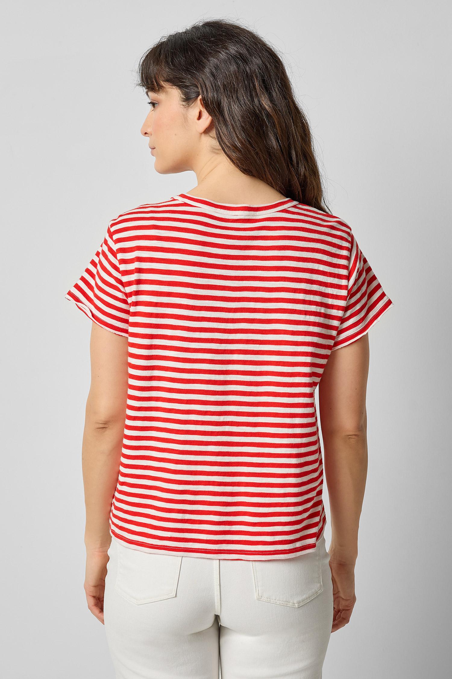 Striped Cap Sleeve Crewneck Womens Top Poppy Stripe A2