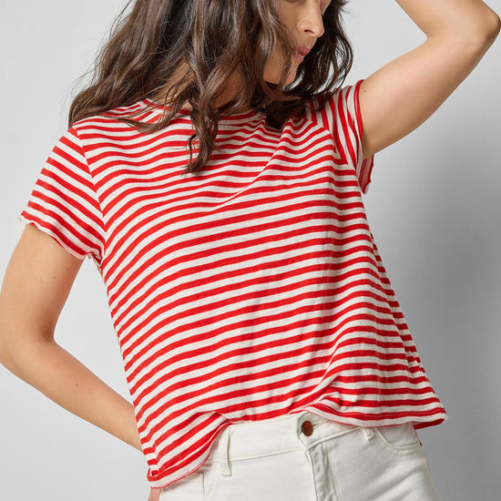 Striped Cap Sleeve Crewneck Womens Top Poppy Stripe A3