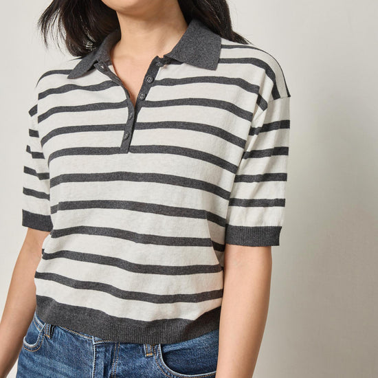 Drop Shoulder Polo Neck Sweater in color Pearl/Licorice Image A1