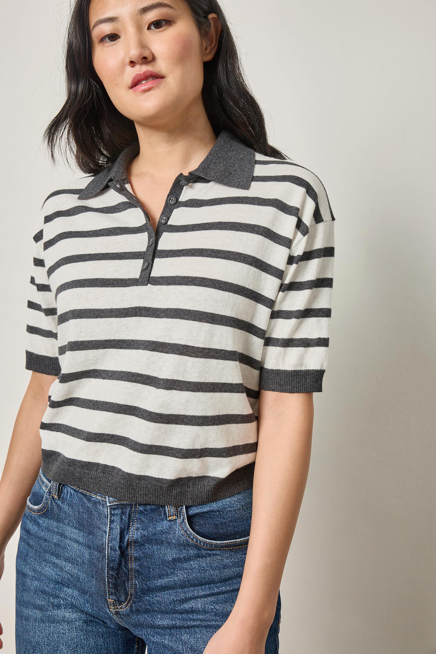 Drop Shoulder Polo Neck Sweater in color Pearl/Licorice Image A1