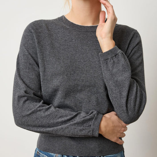 Pleated Sleeve Crewneck Sweater Womens Sweater Licorice A1