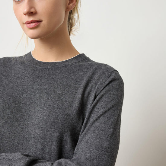 Pleated Sleeve Crewneck Sweater Womens Sweater Licorice A3