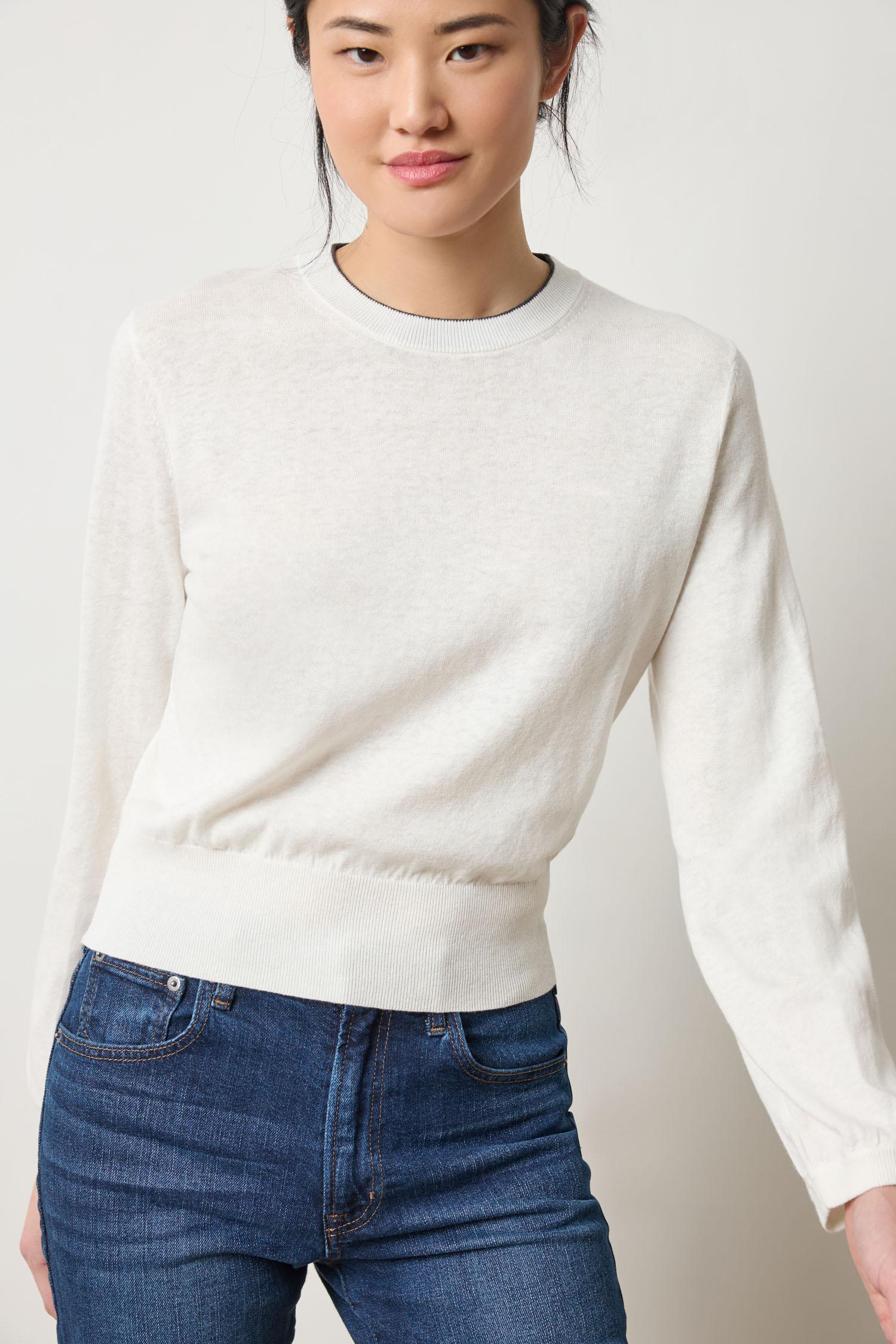 Pleated Sleeve Crewneck Sweater Womens Sweater Pearl A1