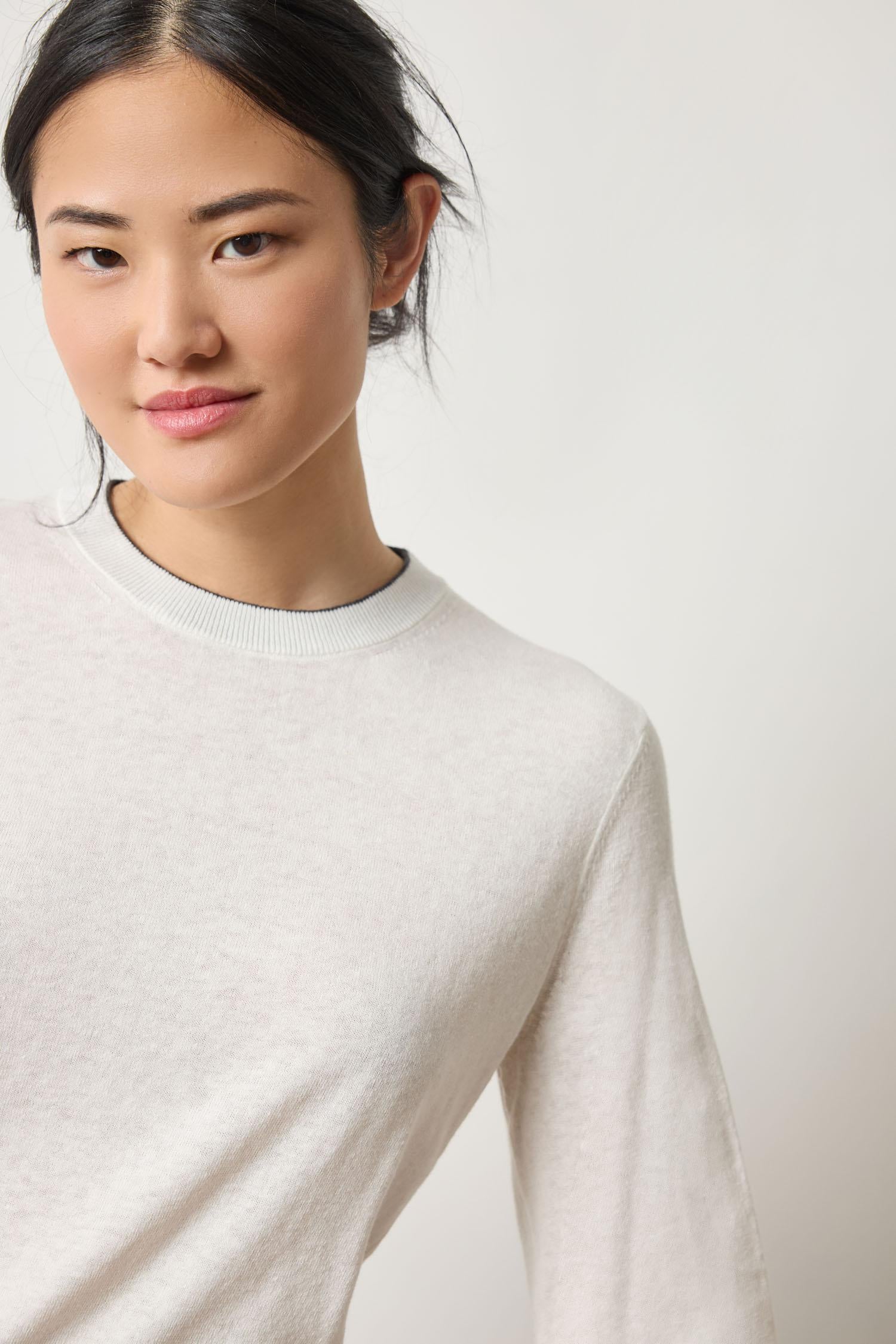 Pleated Sleeve Crewneck Sweater Womens Sweater Pearl A3