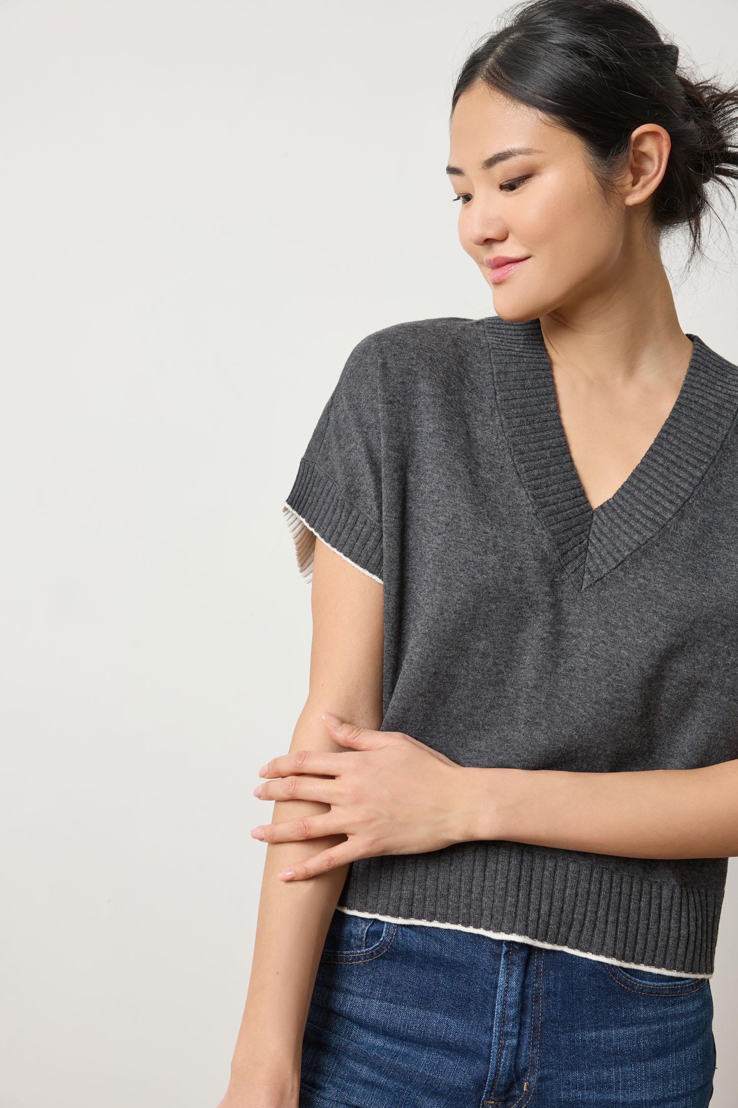 Pleated Sleeve Crewneck Sweater Womens Sweater Licorice A3