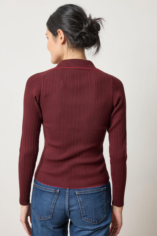 Long Sleeve Rib Henley Sweater Womens Sweater Dark Cherry A2
