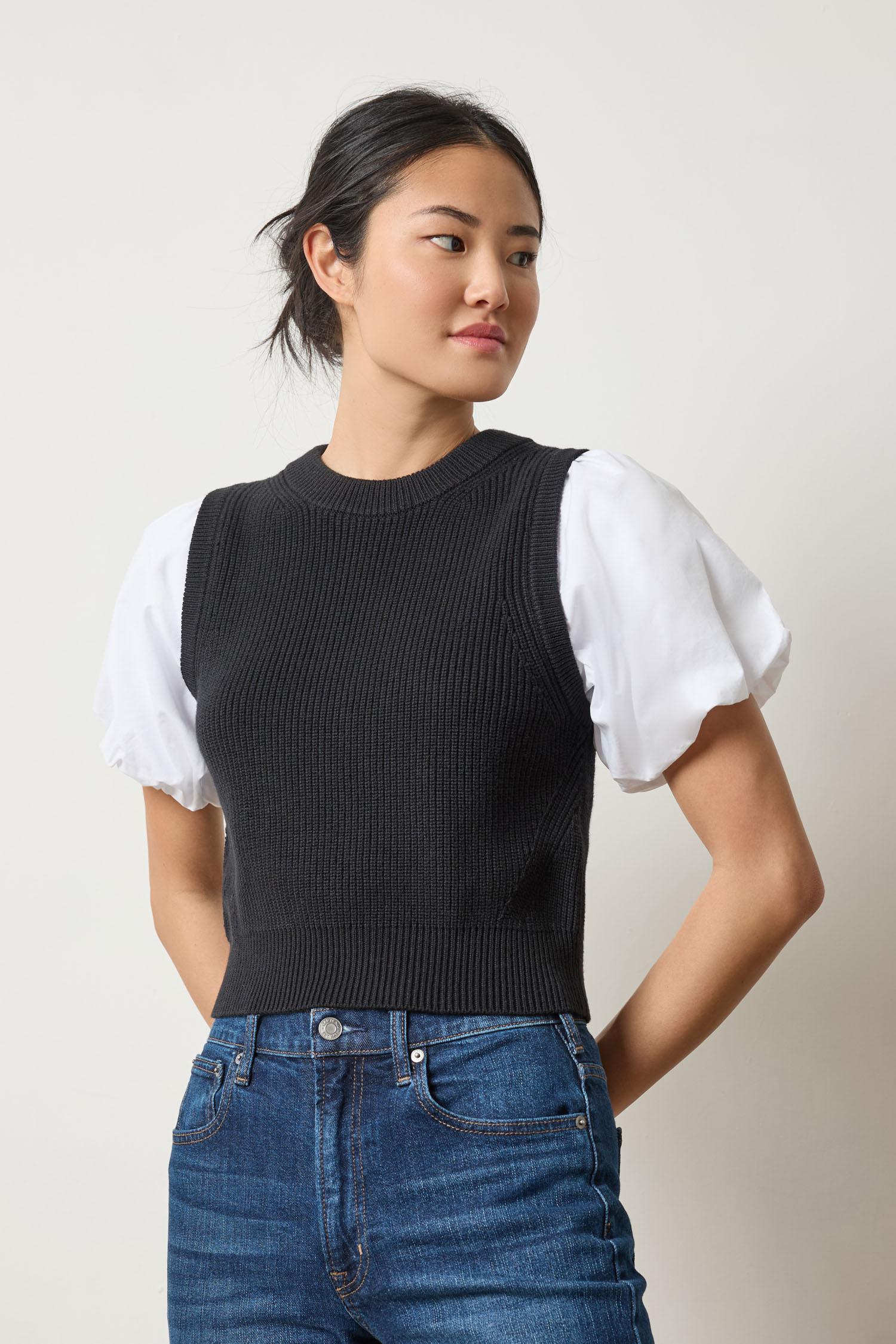 Mixed Media Pullover Sweater in color Black Image A1