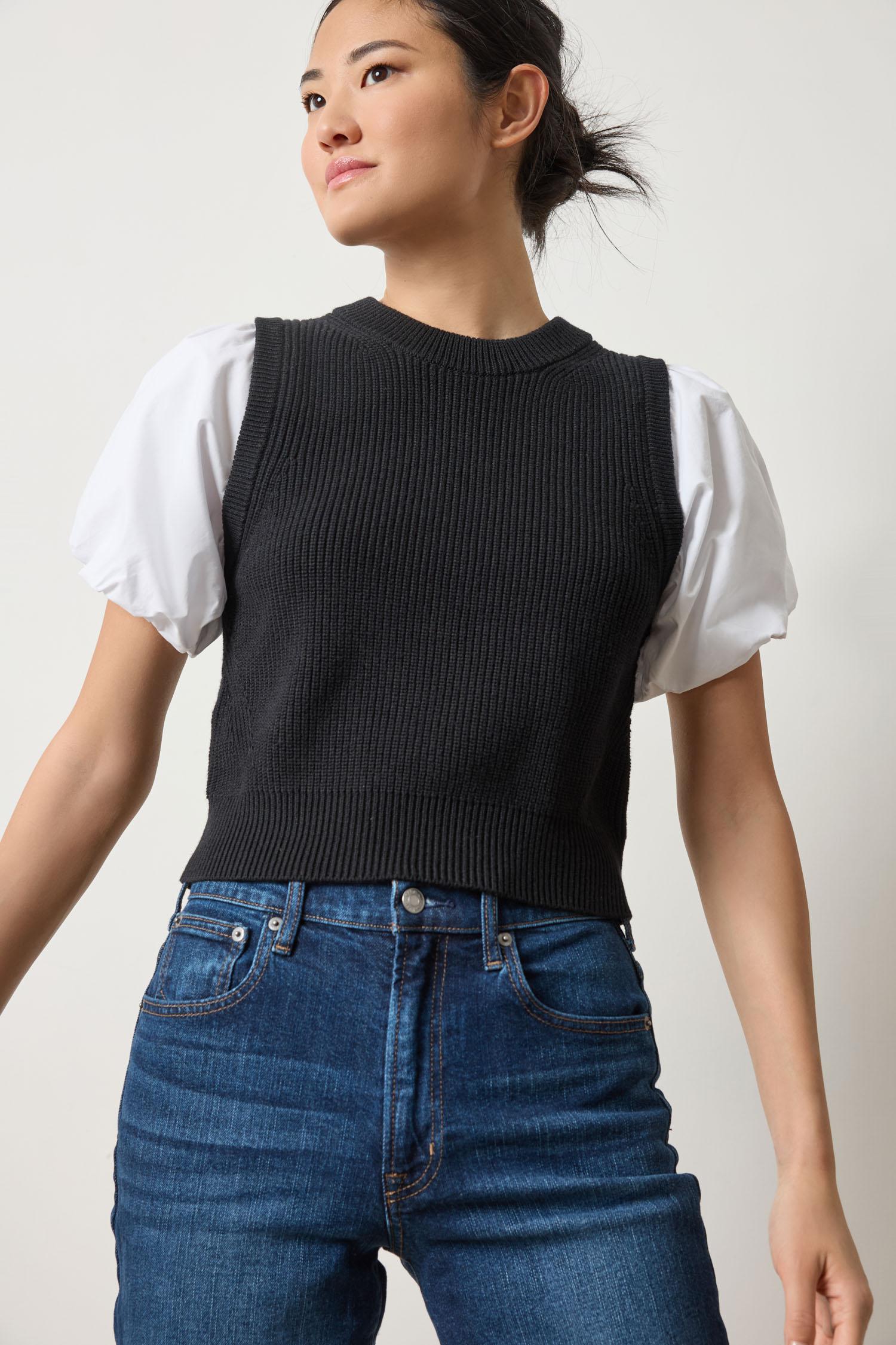 Mixed Media Pullover Sweater in color Black Image A3