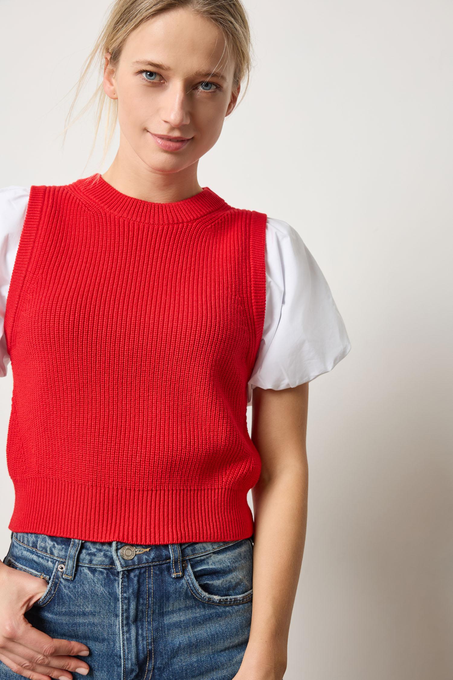 Mixed Media Pullover Sweater in color Scarlet Image A4