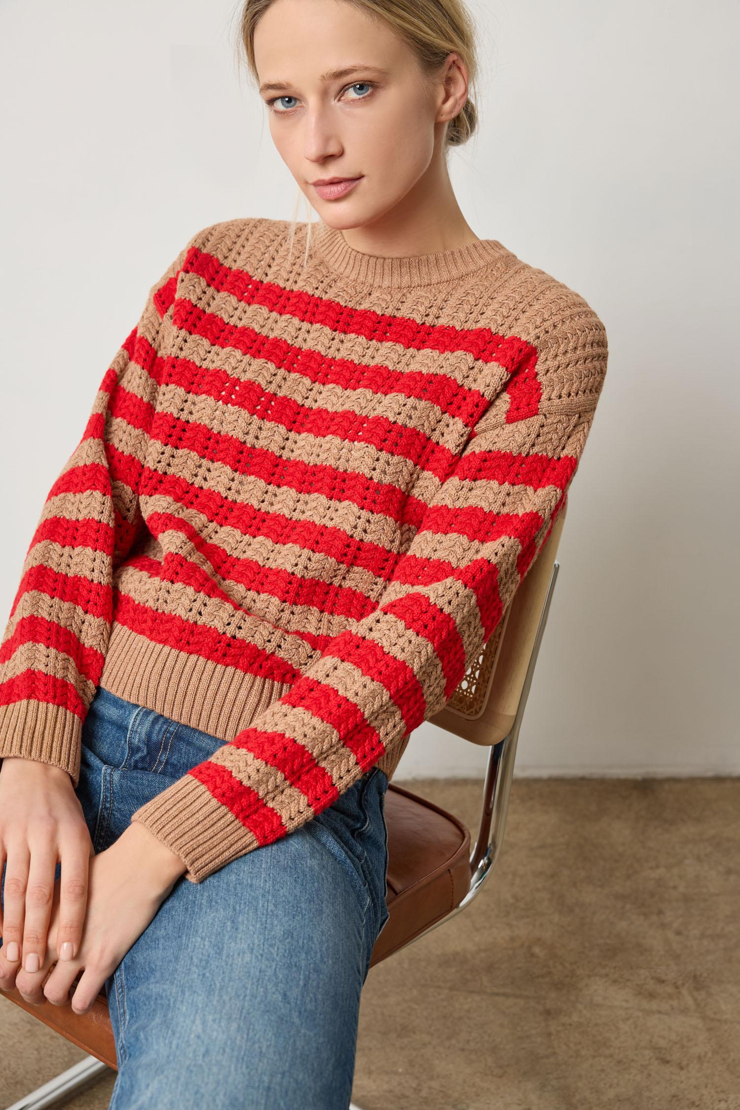 Stripe Stitch Sweater in color Acorn/Scarlet Image A1