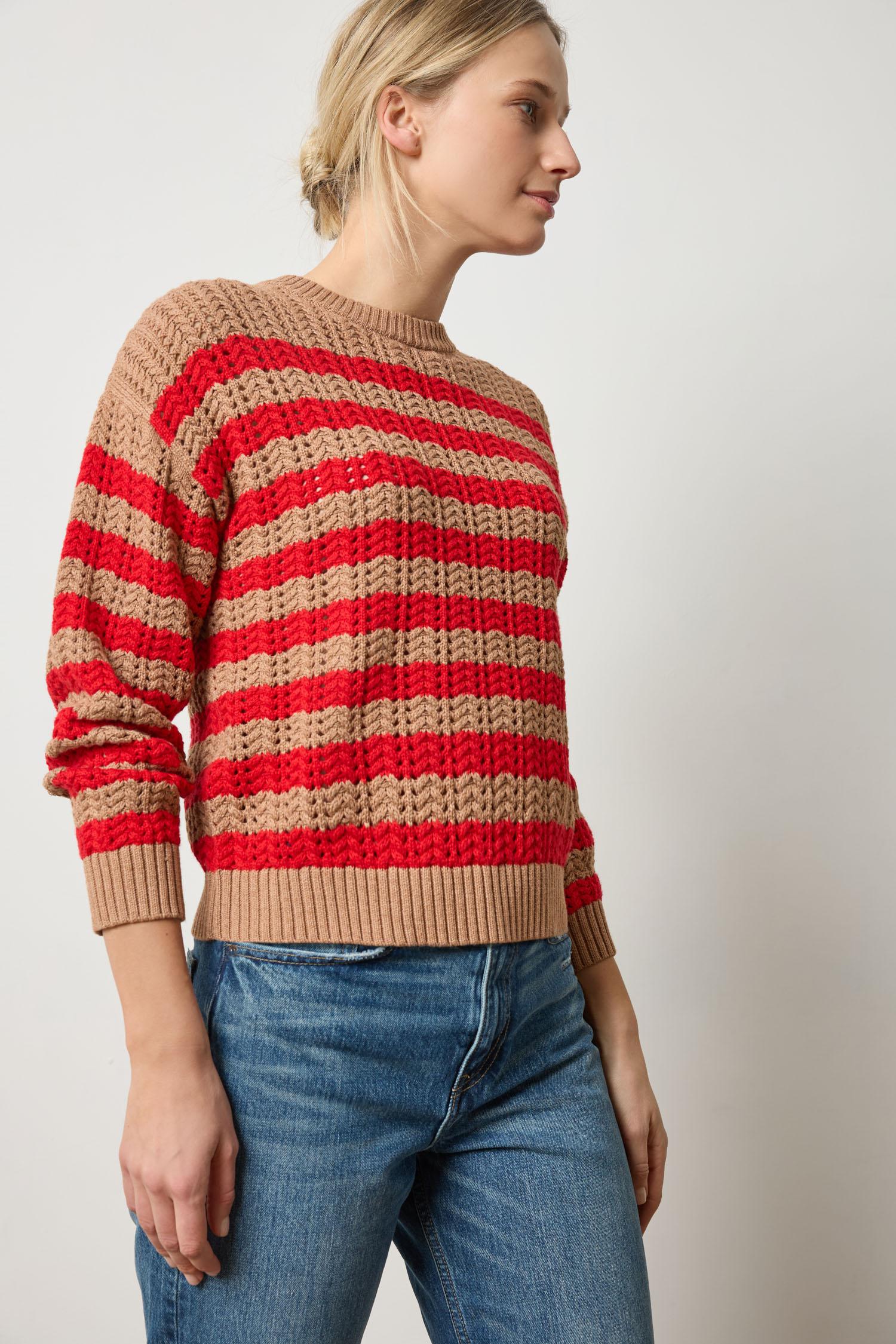 Stripe Stitch Sweater in color Acorn/Scarlet Image A3