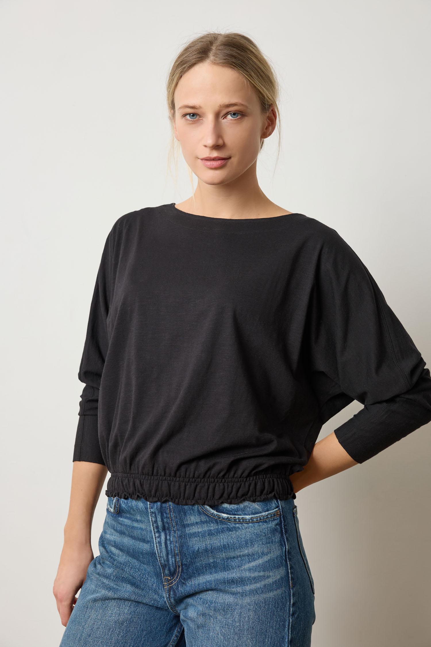 Elastic Hem Dolman Boatneck in color Black Image A1
