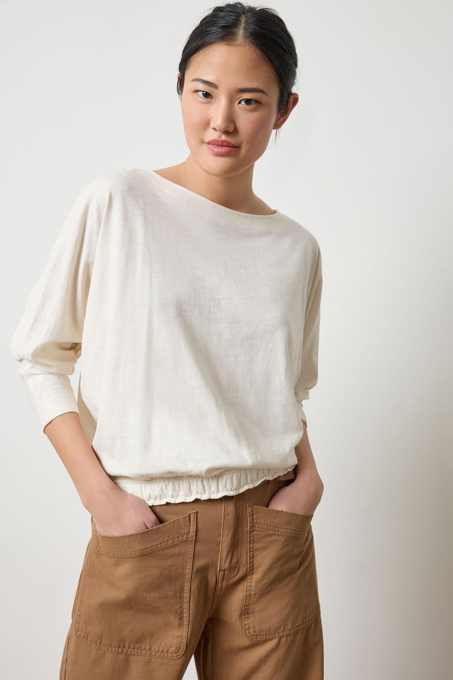 Elastic Hem Dolman Boatneck in color Talc Image A3