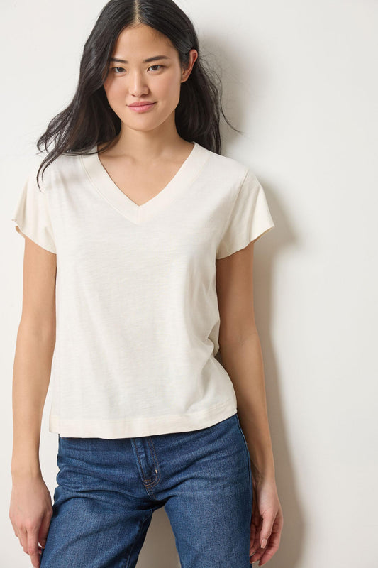Relaxed Short Sleeve V-Neck Tee Womens Top Talc A3