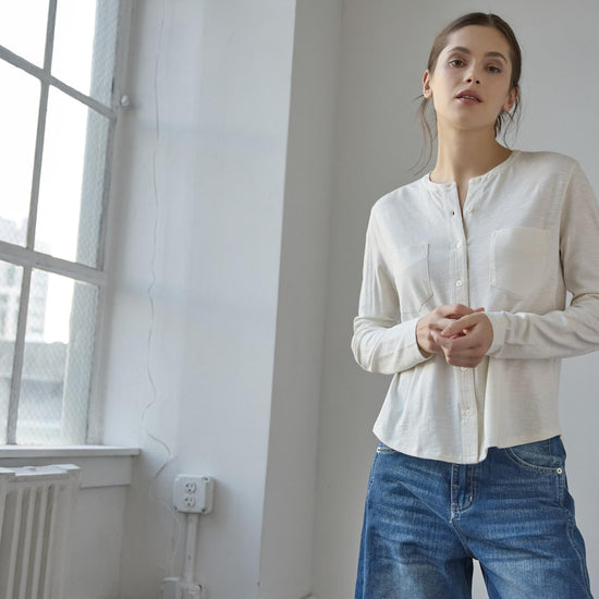 Mandarin Collar Button Down in color Talc Image C0