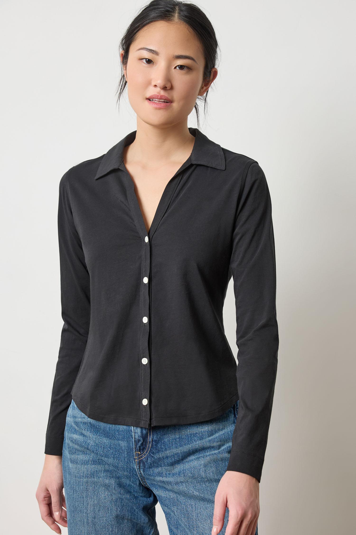Lilla P Split Collar Button-Down Women's Clothing Black : MD Lilla P Split Collar Button-Down Women's Clothing Black : MD
