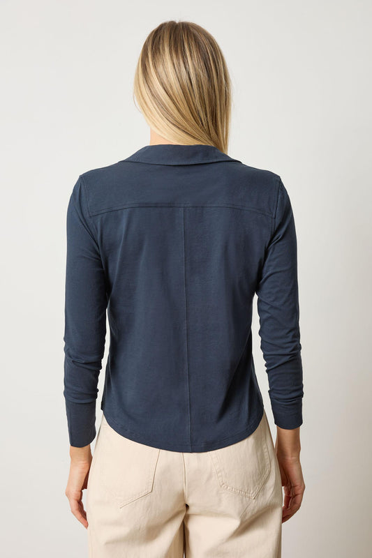 Split Collar Button Down Womens Top Navy A2