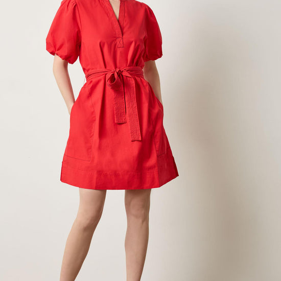 Shirred Sleeve Split Neck Dress in color Scarlet Image A1