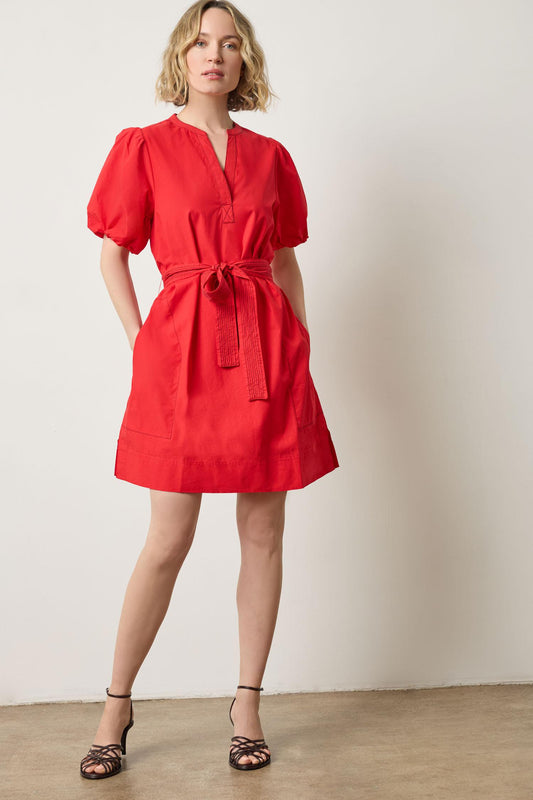 Shirred Sleeve Split Neck Dress in color Scarlet Image A1