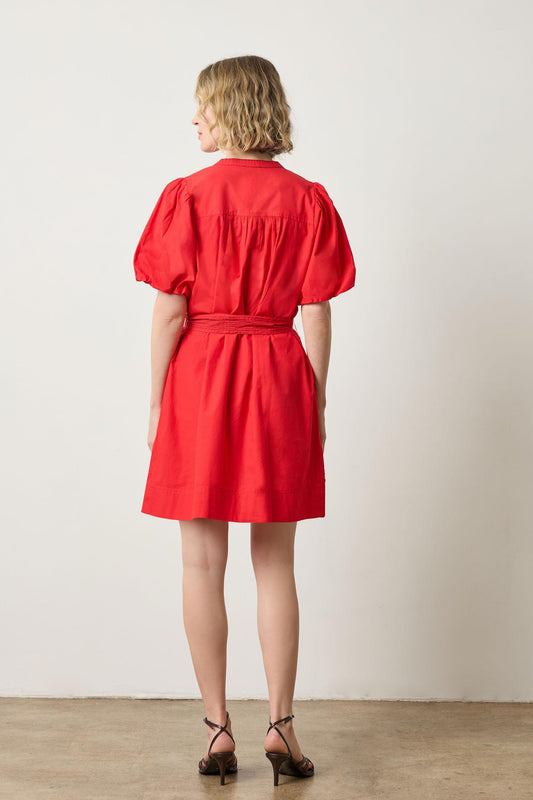 Shirred Sleeve Split Neck Dress in color Scarlet Image A2