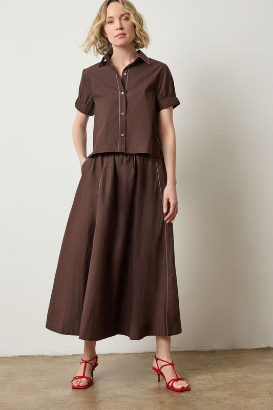 Elastic Cuff Button Down Womens Top Espresso A0