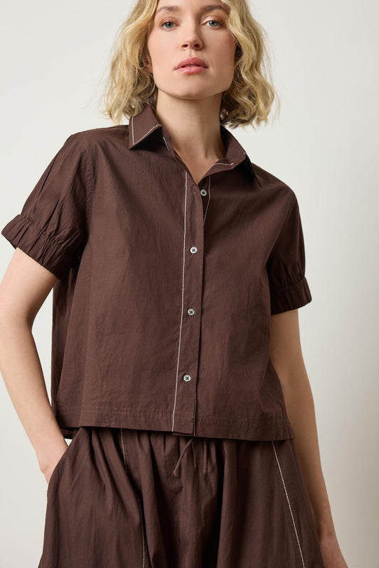 Elastic Cuff Button Down Womens Top Espresso A1
