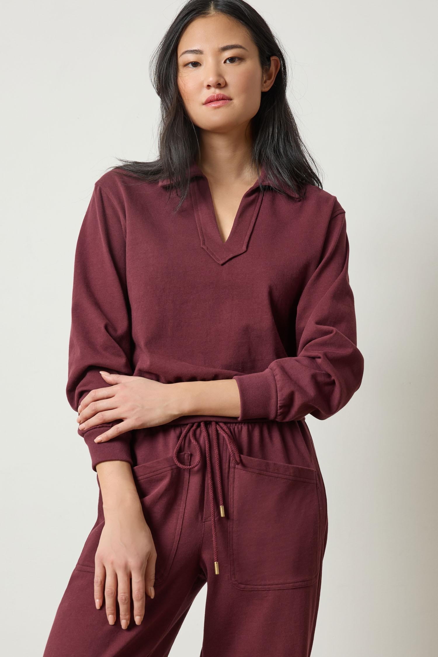 Drop Shoulder Polo in color Mulberry Image A1