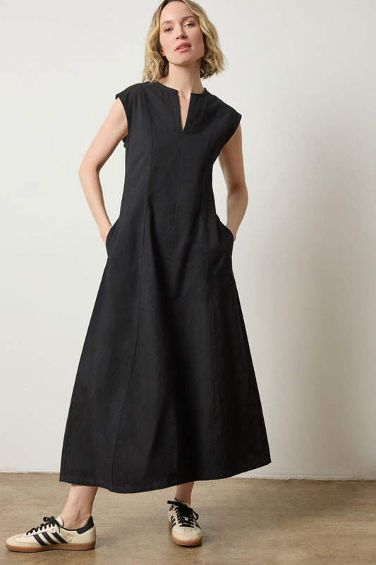 Twill Princess Seam Maxi Dress in color Black Image A1