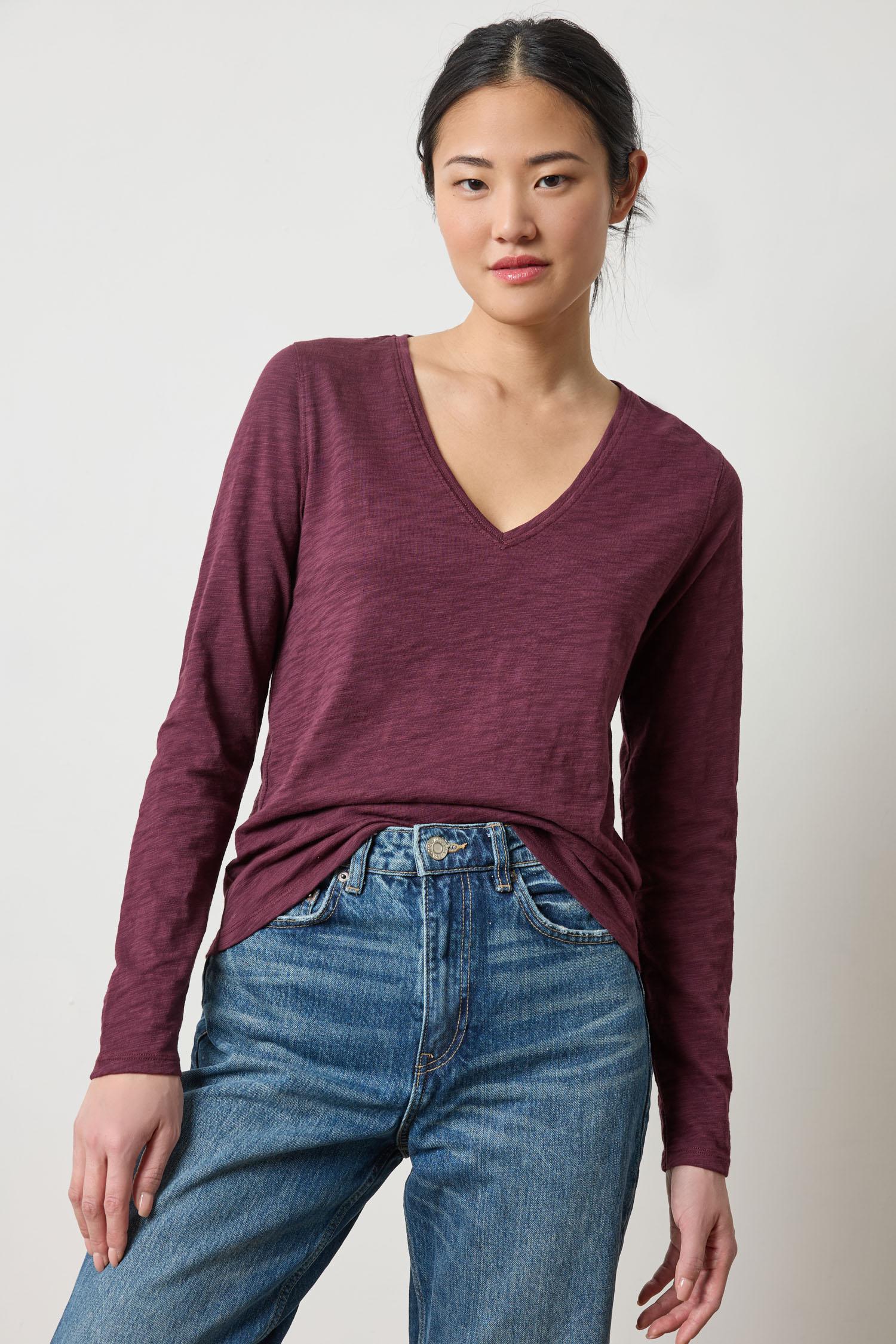 Long Sleeve V-Neck Womens Top Merlot A1