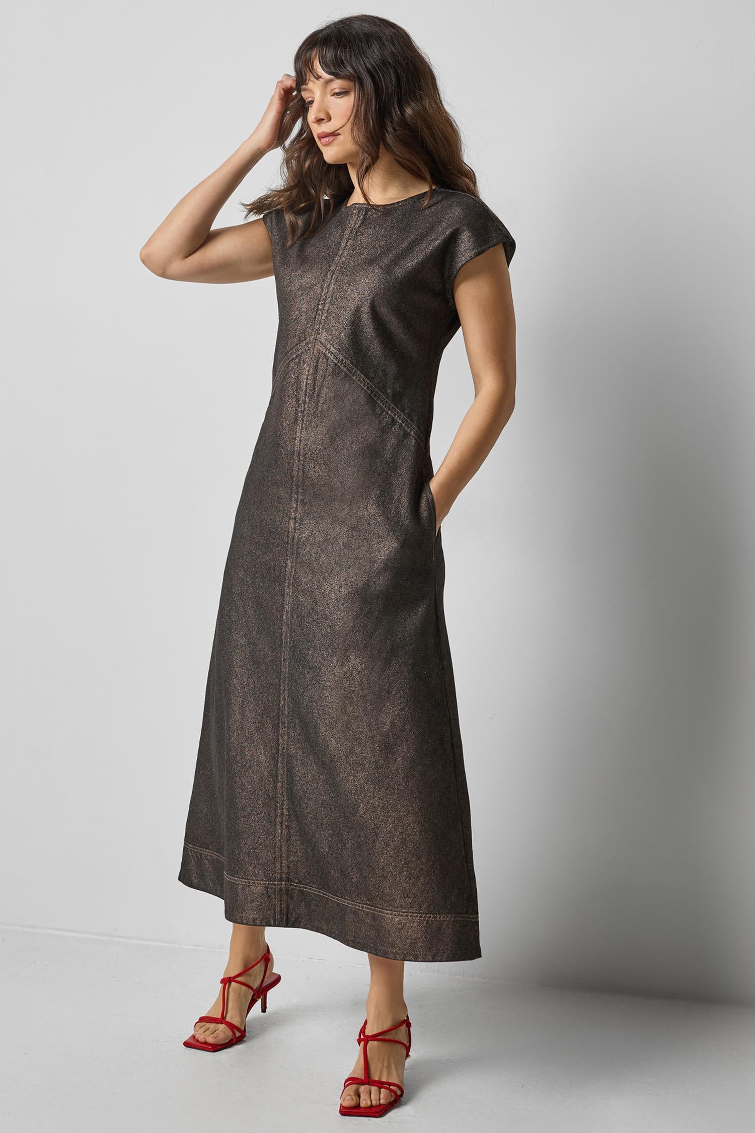 Metallic Seamed Maxi Dress Copper Denim / Size 10 Metallic Seamed Maxi Dress Copper Denim / Size 10