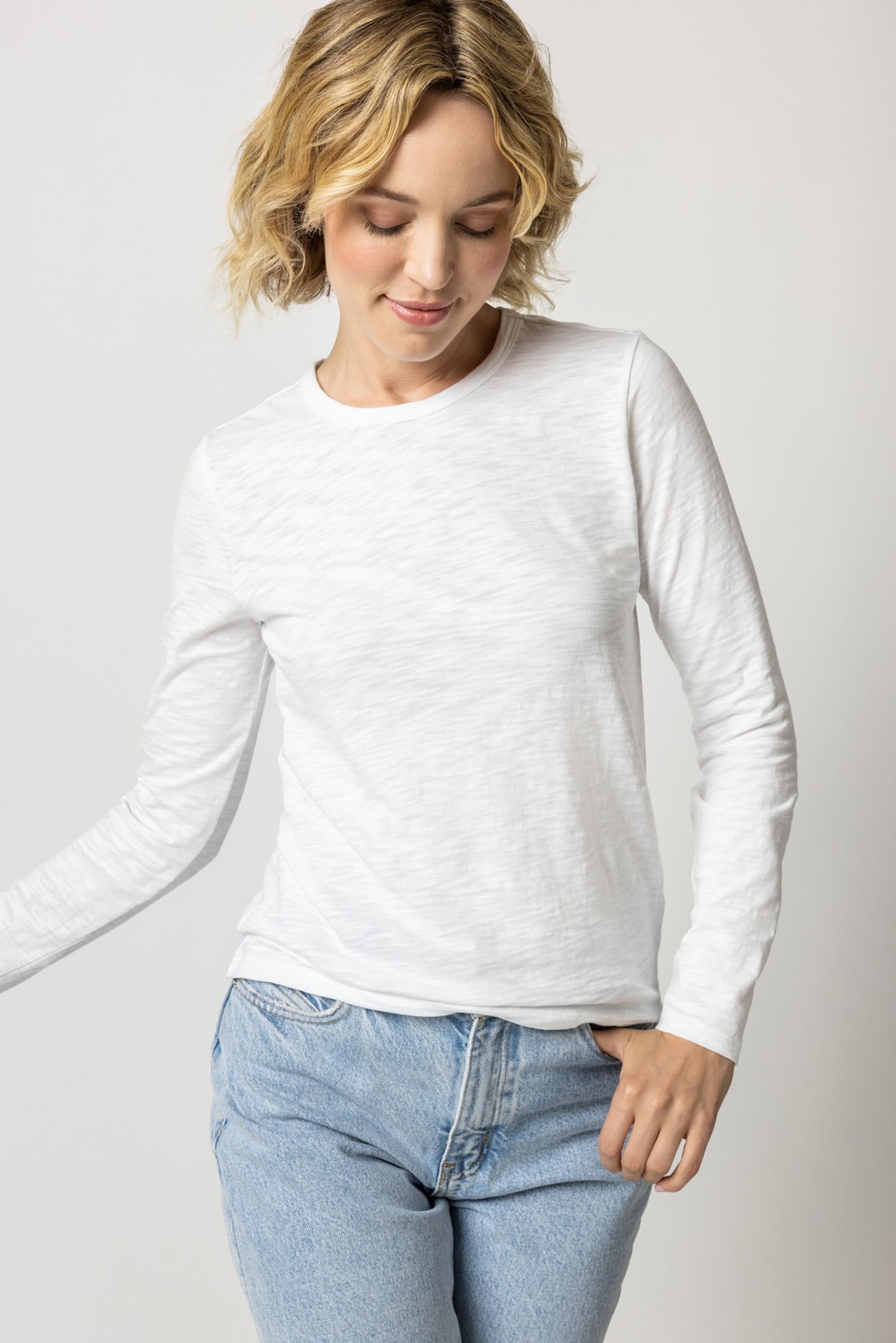 Dipssi - Long-Sleeve Crew Neck Plain Side-Slit T-Shirt