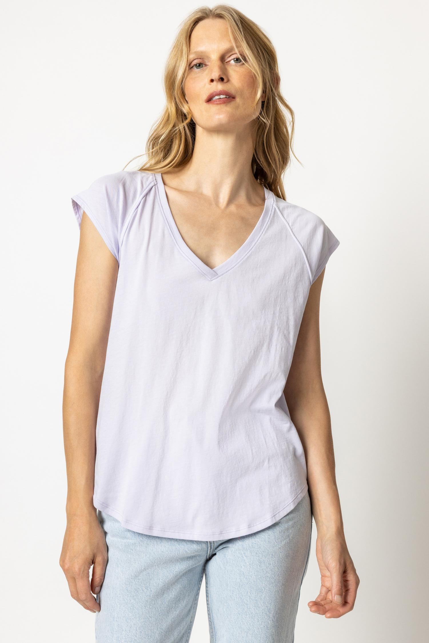 Lilla P V-Neck Short Sleeve Back Seam Tee in Loose Knit Slub Iceberg XS at   Women's Clothing store