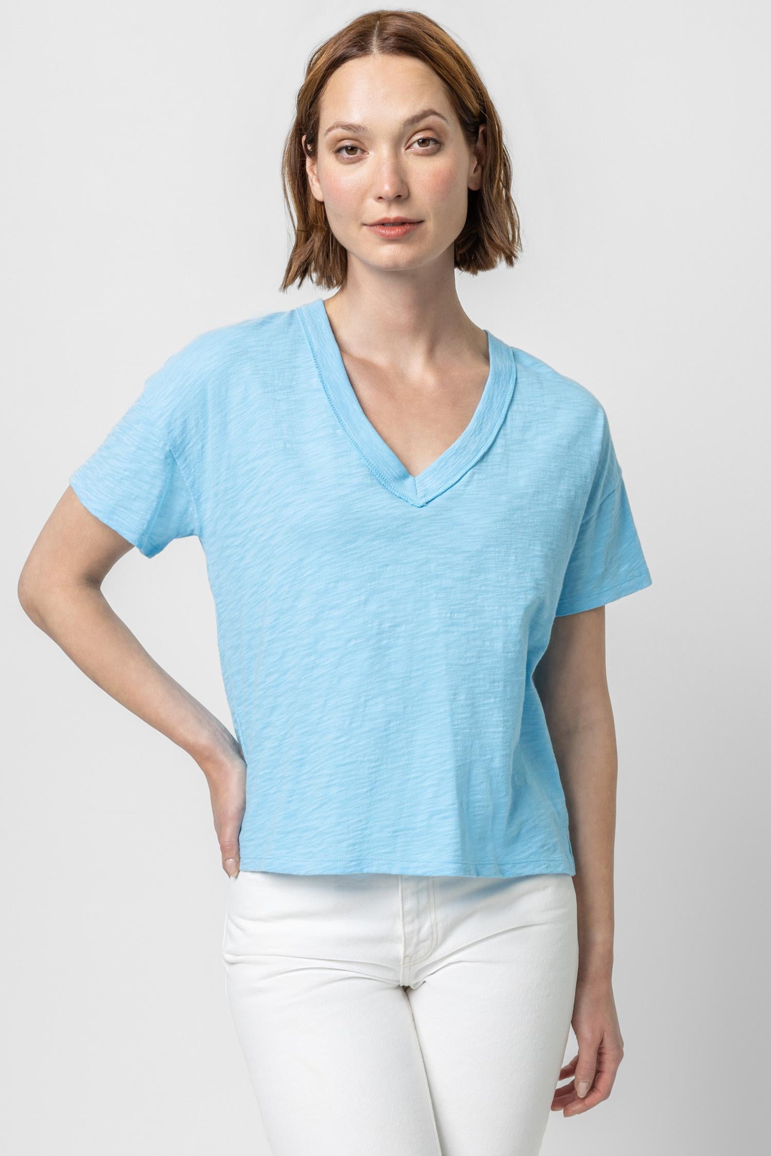 Short Sleeve V-Neck in Cloud Blue - Shirts for Tall Women