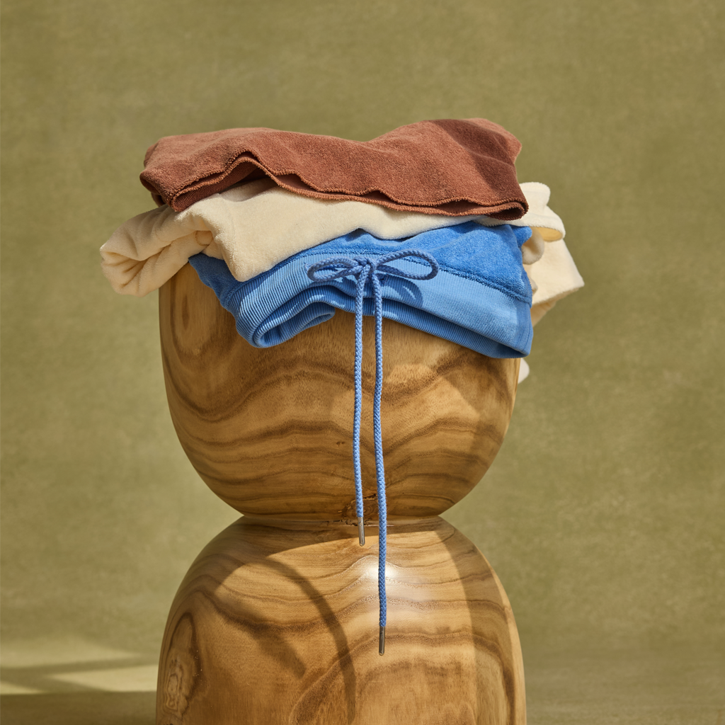 Stack of folded clothes on a wooden mannequin head against a green background