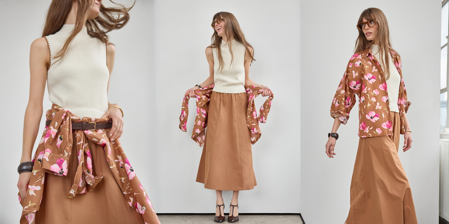 Three views of a model wearing a fashion outfit consisting of a cream sleeveless top, a brown midi skirt, and a brown floral shirt tied around her waist.