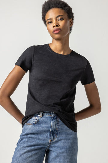 Short Sleeve Back Seam Tee Womens Top Black A1